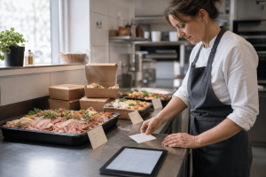 Cateraar bereidt een traiteurbestelling met feestschotels klaar voor afhaling naast een tablet met het bestelformulier