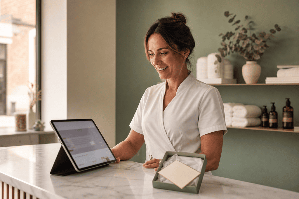 Schoonheidsspecialiste toont een klant een cadeaubon aankoop op een tablet in een moderne schoonheidssalon