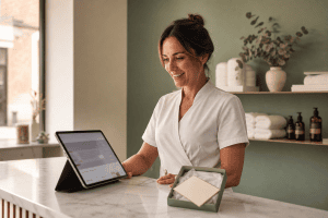 Schoonheidsspecialiste toont een klant een cadeaubon aankoop op een tablet in een moderne schoonheidssalon
