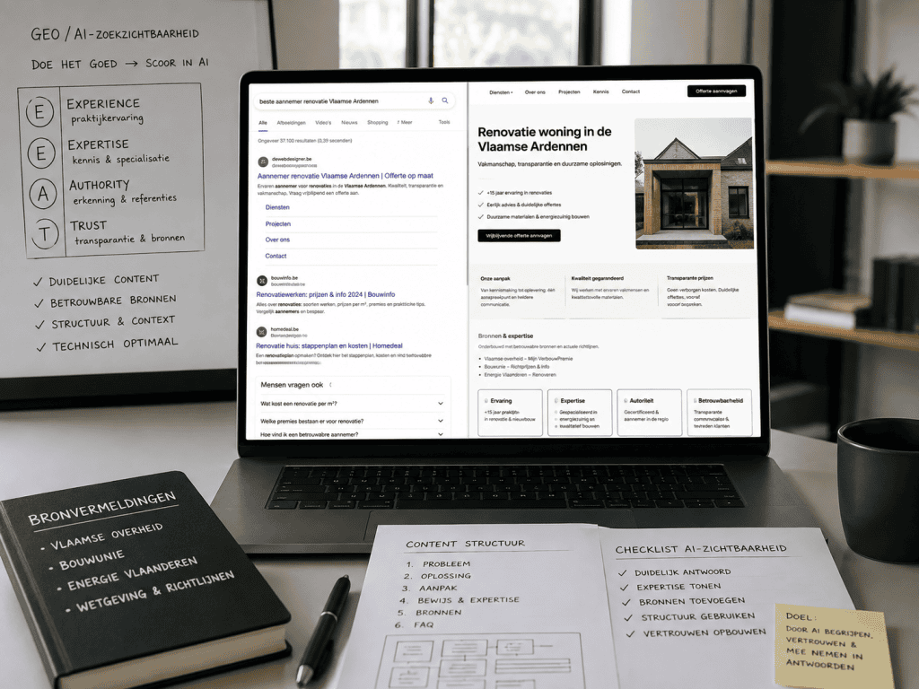 GEO en AI-zoekzichtbaarheid met een website, Google-zoekresultaten en E-E-A-T voor betrouwbare online informatie