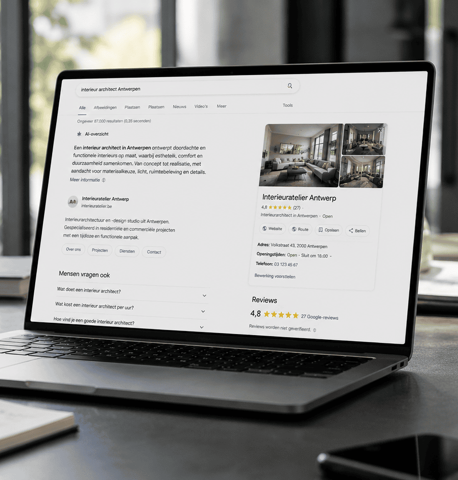 Website zichtbaar in AI-zoekresultaten als voorbeeld van GEO en E-E-A-T