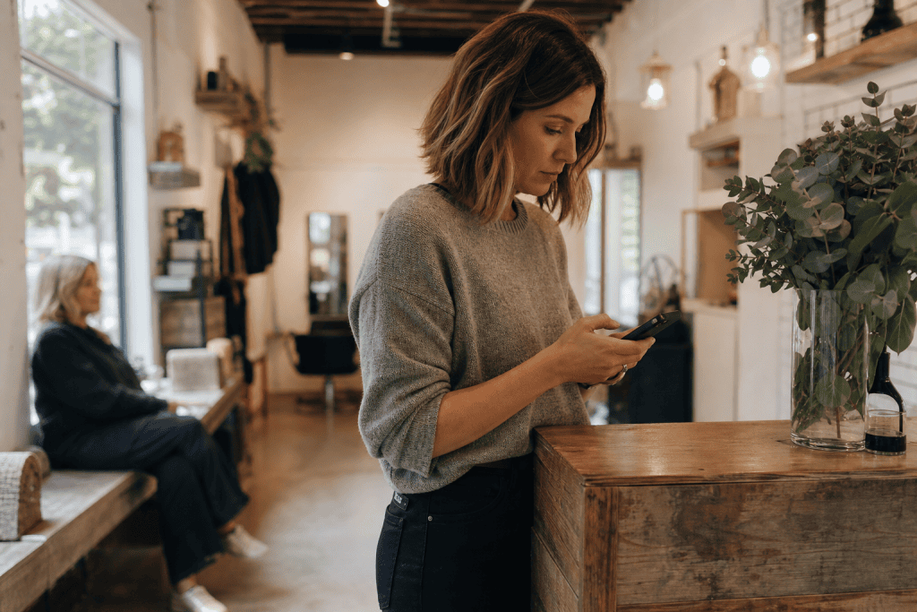 Kapster aan de balie van haar salon met een gsm in de hand, klant wacht op de achtergrond