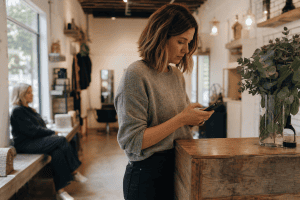 Kapster aan de balie van haar salon met een gsm in de hand, klant wacht op de achtergrond