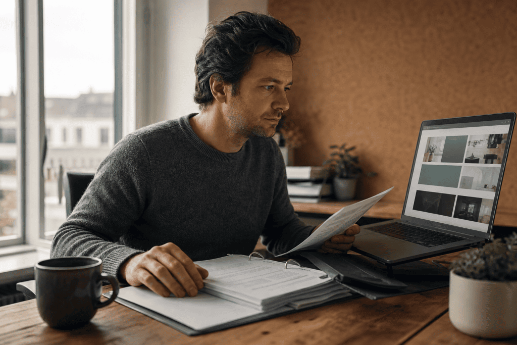 Belgische zelfstandige bekijkt een factuur en een laptop met website ontwerp aan een bureau, controleert of de kost in aanmerking komt voor de kmo portefeuille