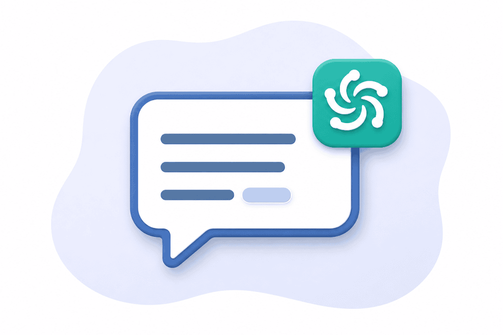 Illustratie van een chatbubbel met een groen AI-appicoon en een gemarkeerde bronvermelding, symbool voor scoren in ChatGPT