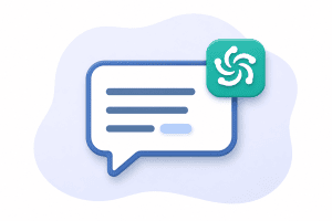 Illustratie van een chatbubbel met een groen AI-appicoon en een gemarkeerde bronvermelding, symbool voor scoren in ChatGPT