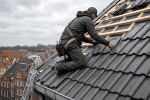Dakwerker plaatst dakpannen op een hellend dak in het Waasland