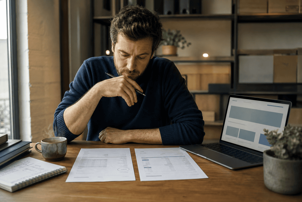 Vlaamse ondernemer vergelijkt aan een bureau een offerte voor een eenmalige websitebouw met een contract voor een maandelijks website abonnement