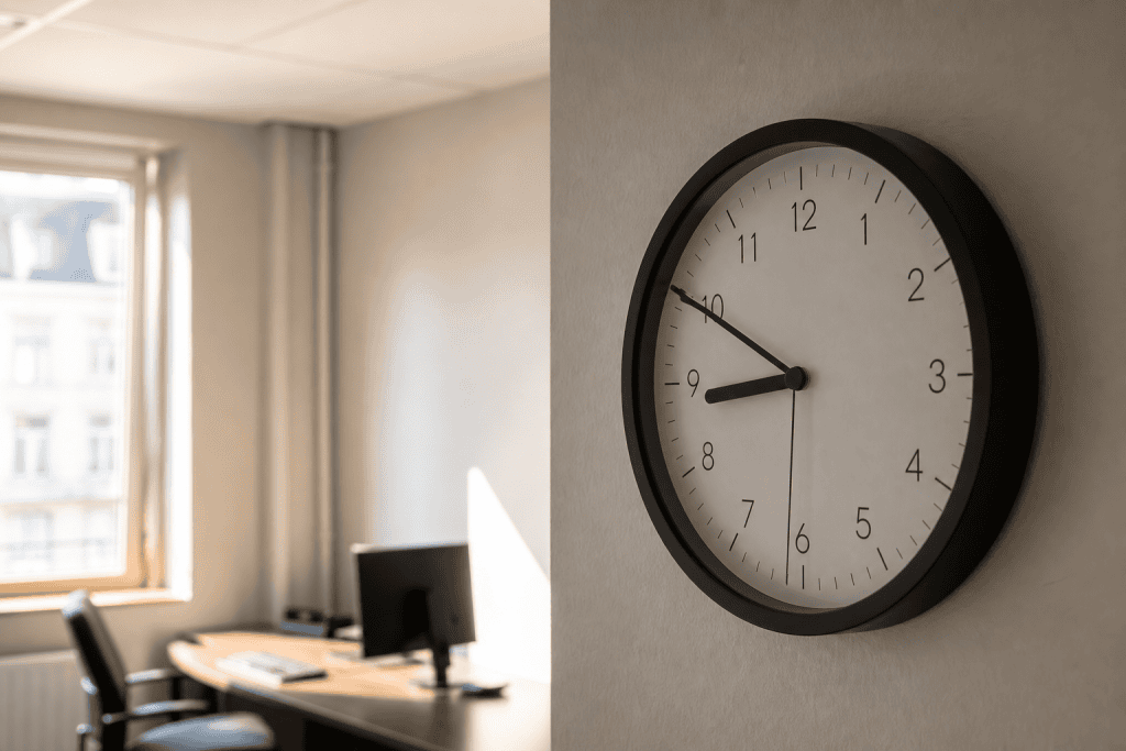 Wandklok in een klein kantoor met daglicht, beeld bij het artikel over het uurtarief van een webdesigner