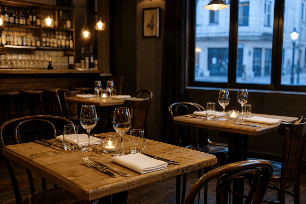 Gedekte tafels in een kleine bistro net voor de avonddienst, met gevouwen servetten en wijnglazen