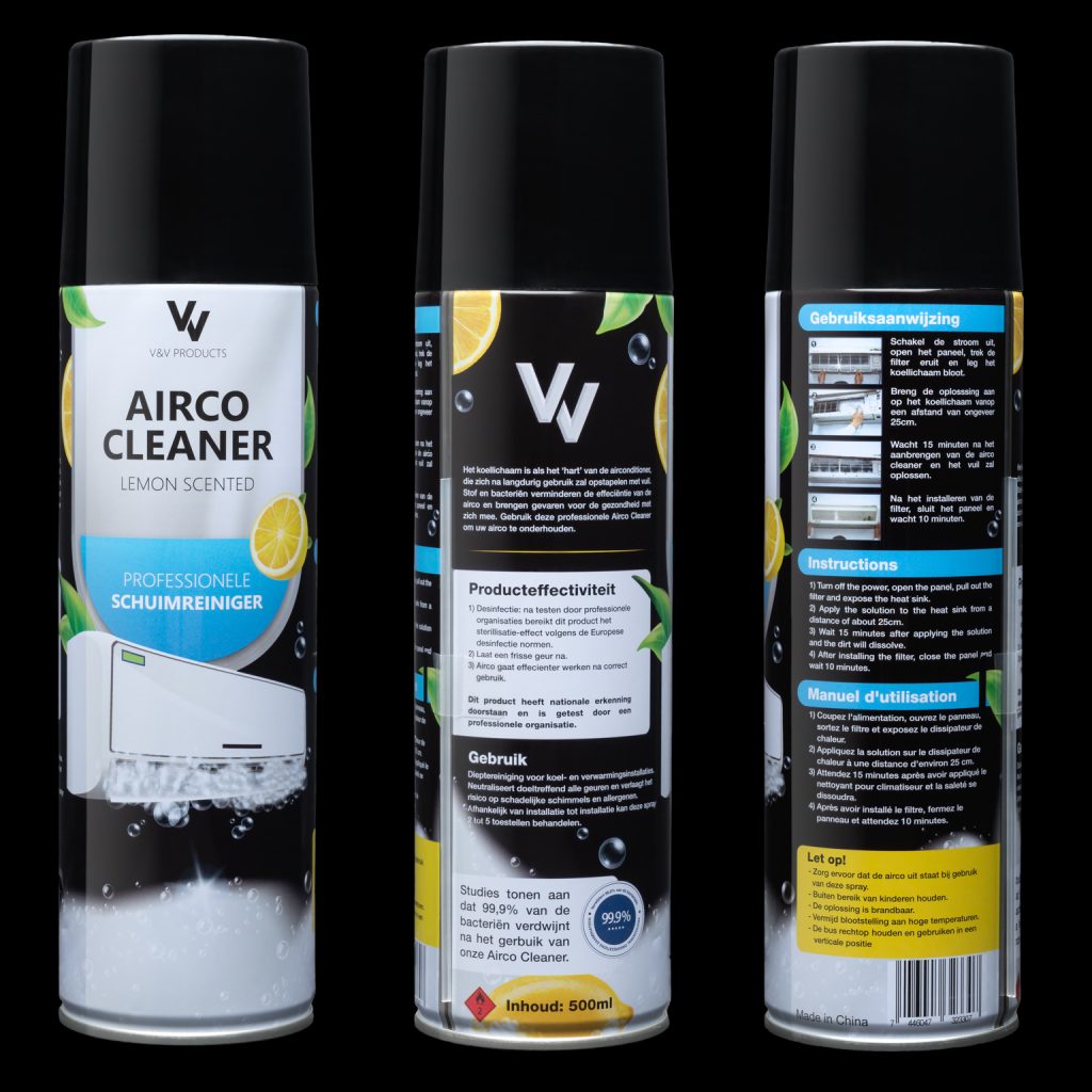 De verpakking van Airco Cleaner, waarvoor ik de meertalige webshop en de huisstijl maakte