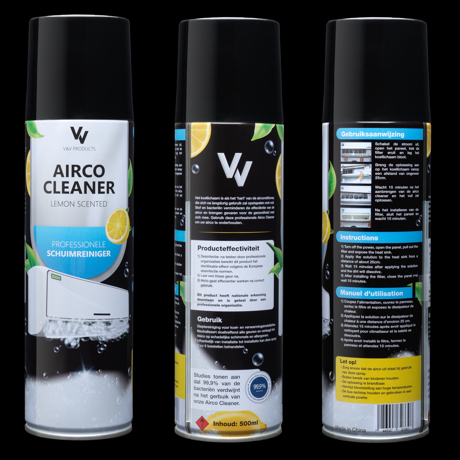 De verpakking van Airco Cleaner, waarvoor ik de meertalige webshop en de huisstijl maakte