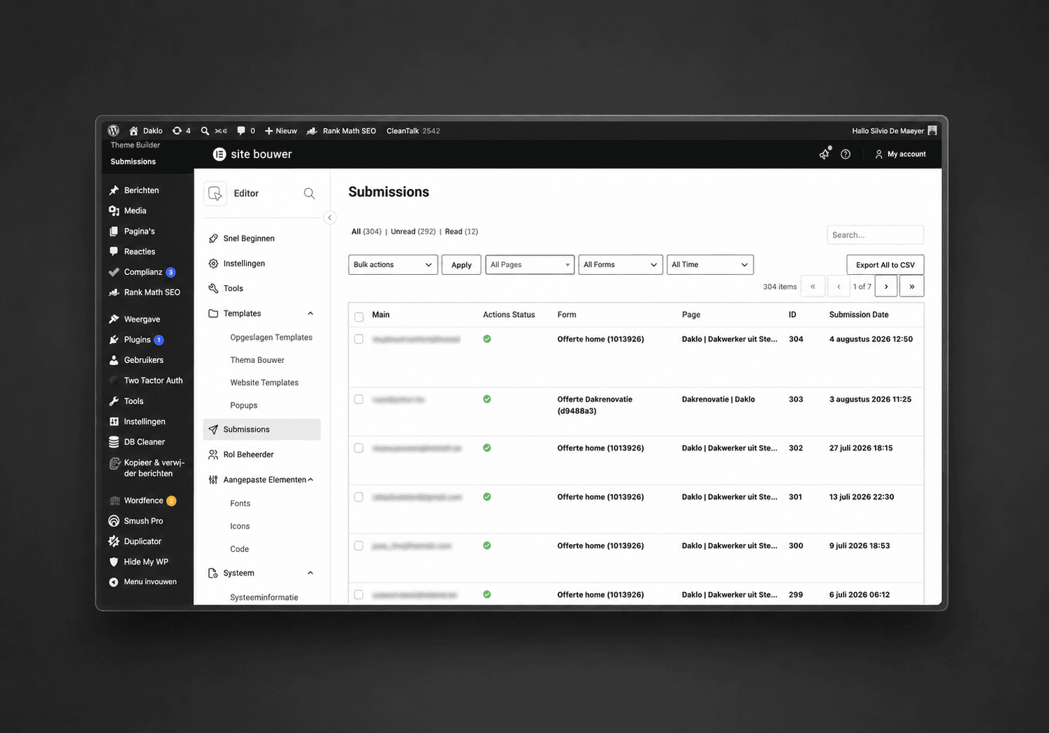 Overzicht van binnenkomende offerteaanvragen via de website van Daklo, na website laten maken door De Webdesigner